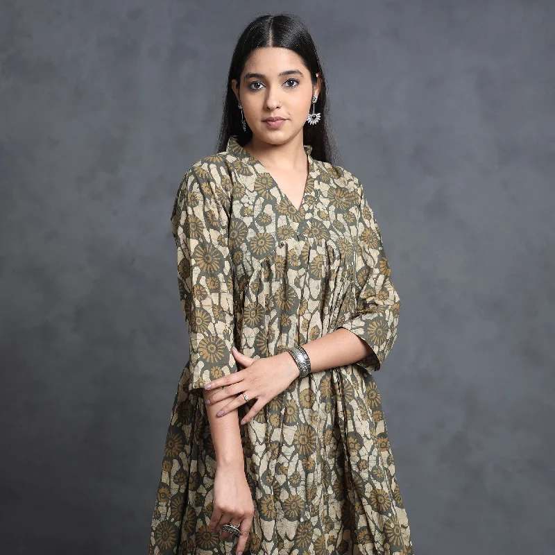 Deal Dash Brown - Hand Batik Printed Cotton Flared Gher Dress