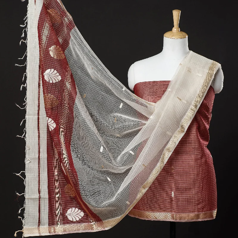 Steals and Deals Maroon - 3pc Chanderi Silk Handloom Thread & Zari Buti Suit Material Set