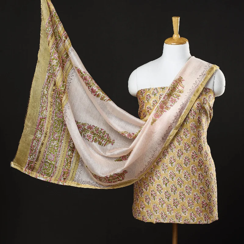 Price Smash Yellow - 3pc Sanganeri Block Printed Chanderi Silk Suit Material Set