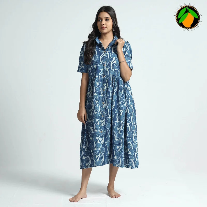 Instant Discount Blue - Bindaas Art Block Printed Cotton Dress