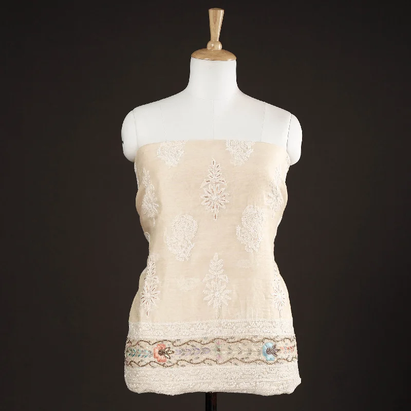 Limited Time Discount Beige - Lucknow Chikankari with Parsi Style Embroidery Chanderi Silk Kurta Material - 3.15 Meter