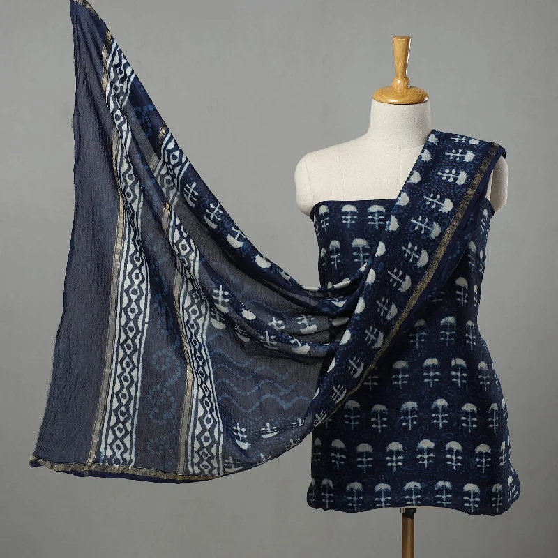 Great Bargains Blue - 3pc Chanderi Silk Indigo Bagru Print Dress Material 03