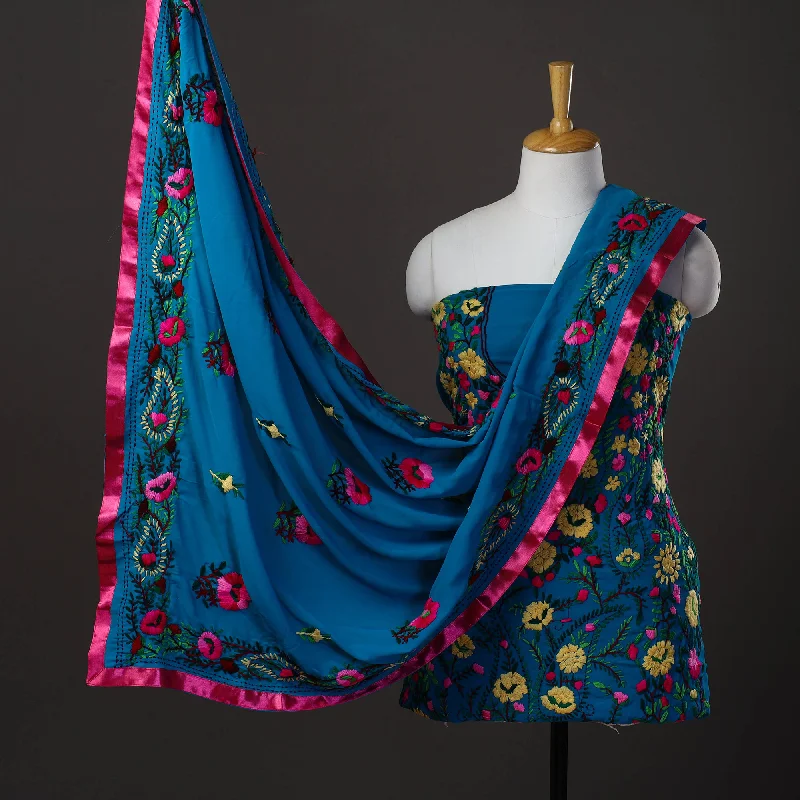 Grand Opening Sale Blue - 3pc Hand Embroidery Georgette Phulkari Dress Material 35