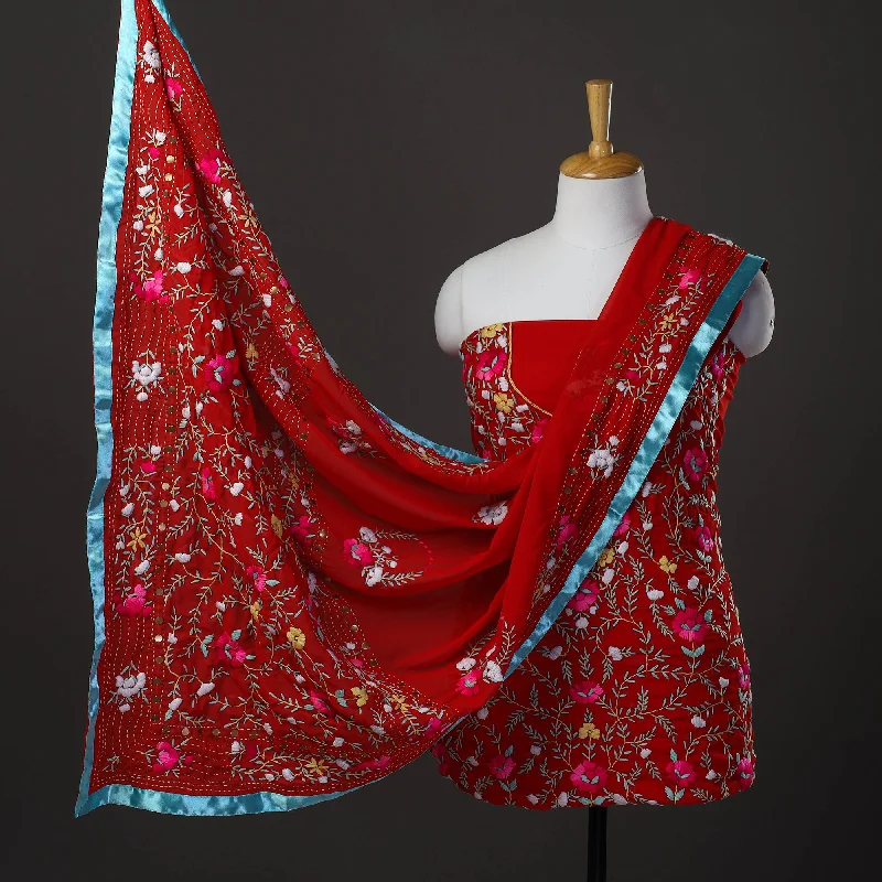 Lowest Price Red - 3pc Hand Embroidery Georgette Phulkari Dress Material 23