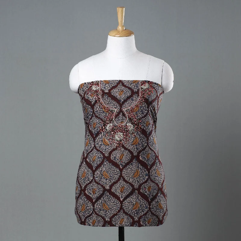 Seasonal Sale Brown - Kalamkari Block Printed Kundan & Bead Work Hand Embroidery Cotton Kurta Material - 2.6 Meter