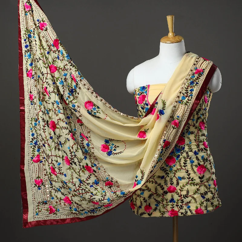 Shop and Save Yellow - 3pc Hand Embroidery Georgette Phulkari Dress Material 43