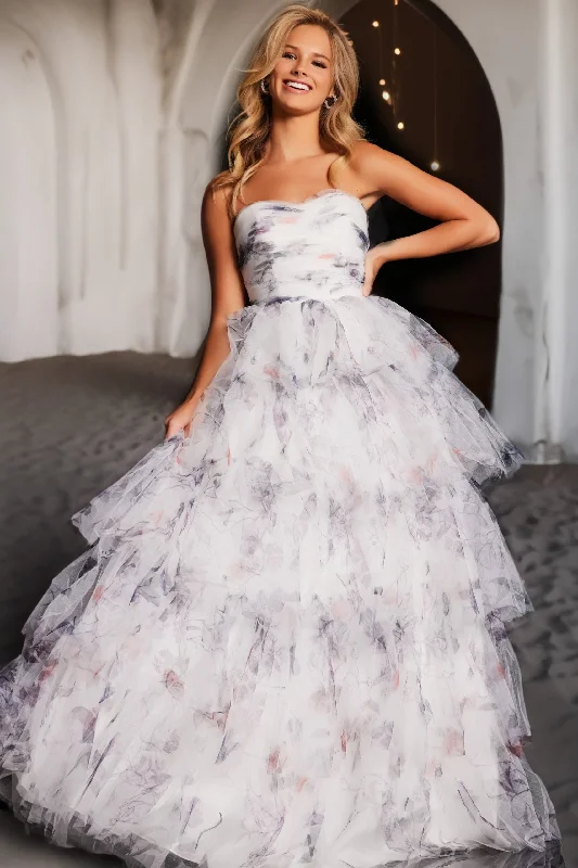Quick Sale Jovani 38608 Printed Long Ball Gown Tiered Prom Dress