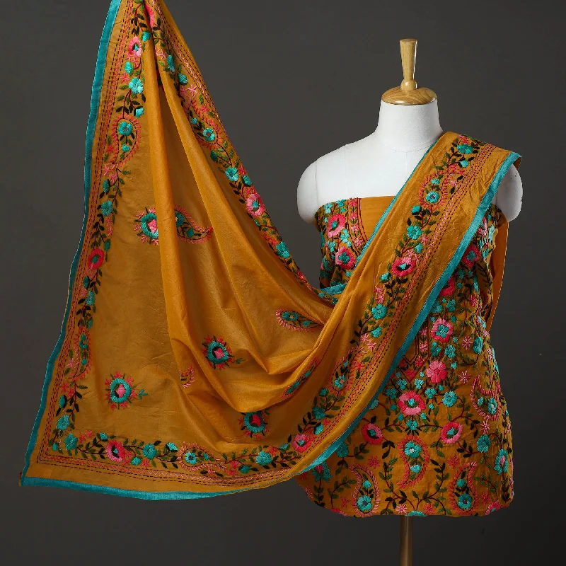 Best Seller Orange - 3pc Hand Embroidery Chanderi Silk Phulkari Dress Material 87