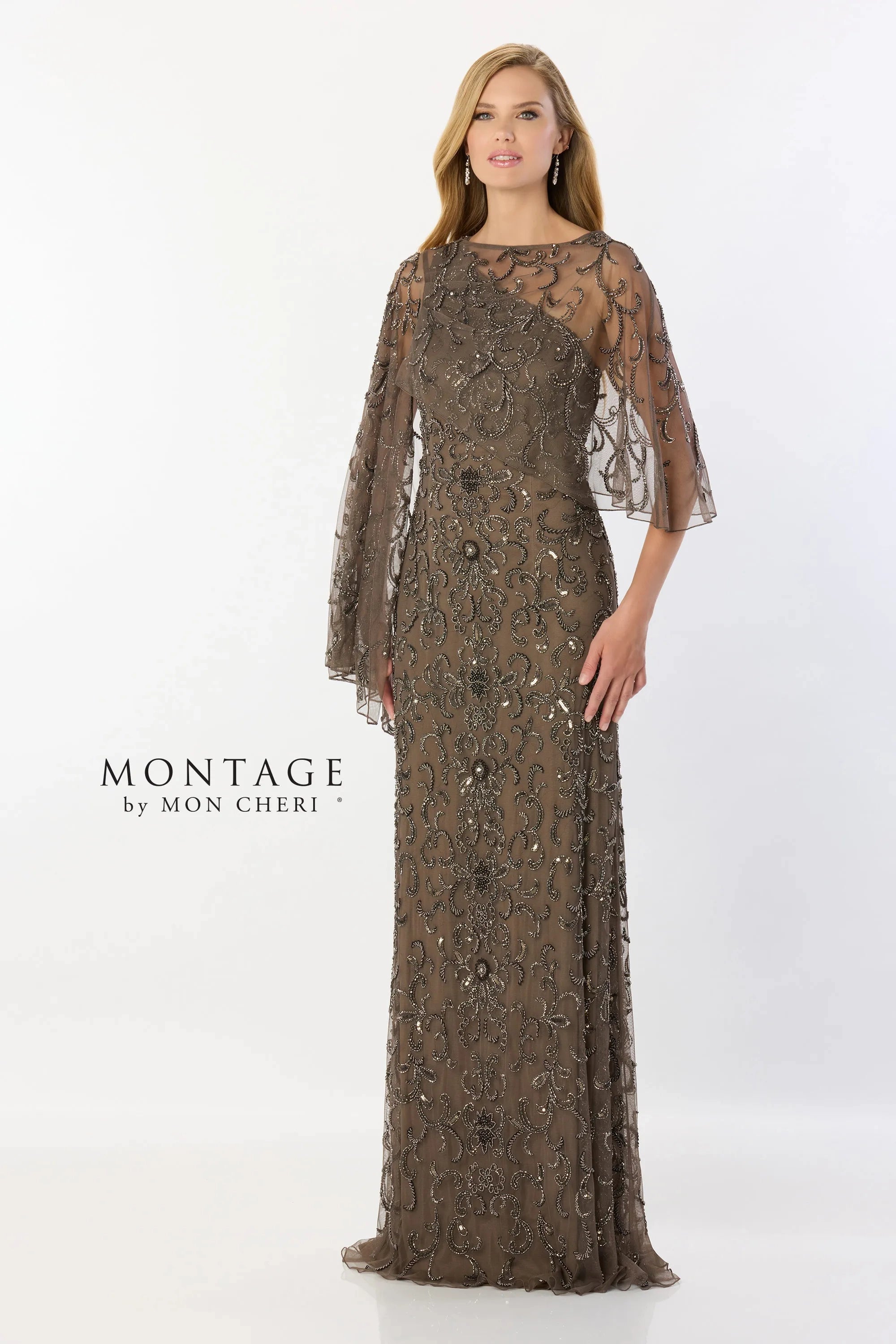 Savings Bonanza Montage M2241 Long Formal Beaded Sequin Evening Capelet Dress