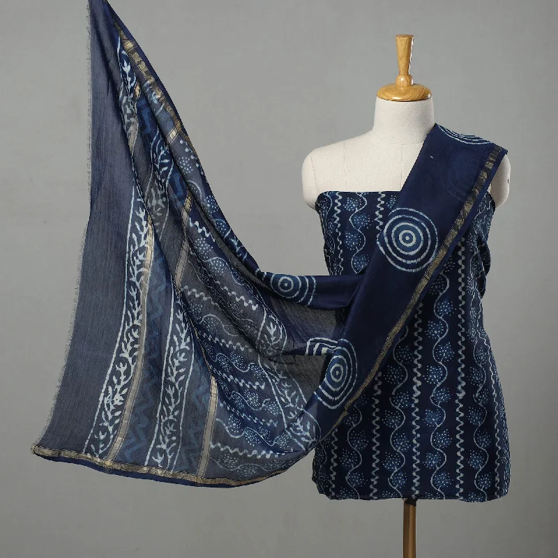 Extra Discounts Blue - 3pc Chanderi Silk Indigo Bagru Print Dress Material 07