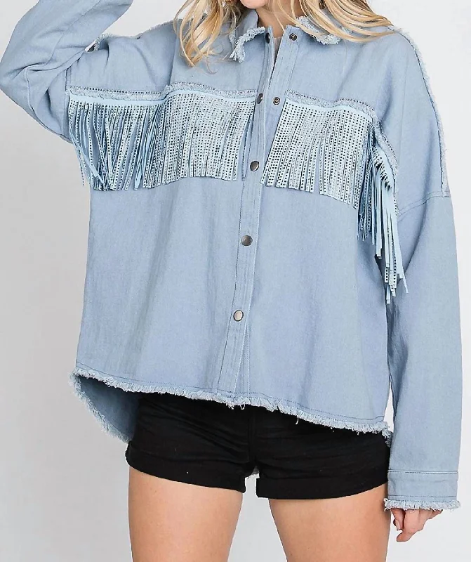 Unbeatable Prices Rhinestone Fringe Detail Shirt Jacket In Blue
