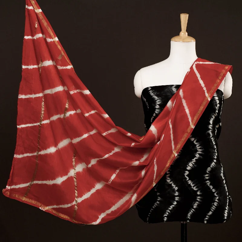 Markdown Madness Black - 3pc Black & Red Miura Shibori Tie-Dye Chanderi Silk Suit Material Set