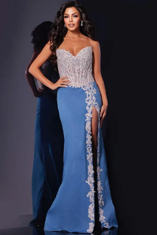 Weekend Deal Jovani 43341 Long Floral Denim Gown Formal Prom Dress