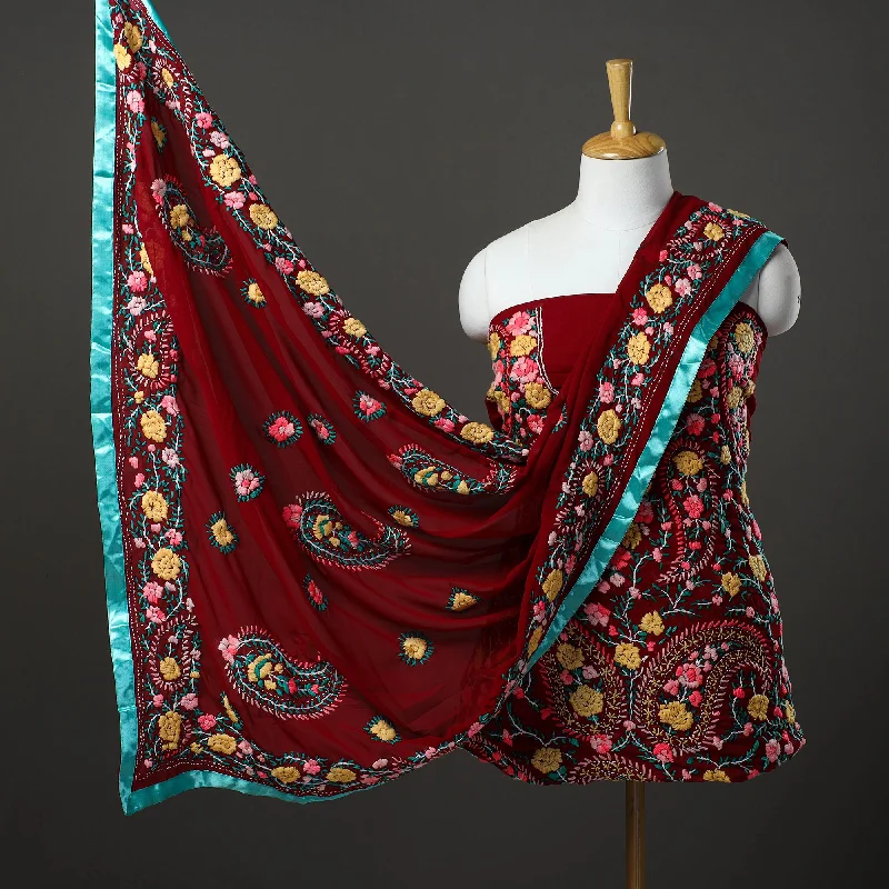 Clearance Items Maroon - 3pc Hand Embroidery Georgette Phulkari Dress Material 35
