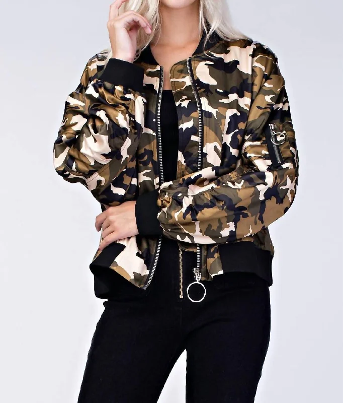 Low Prices Camo Bomber Jacket In Green/cream