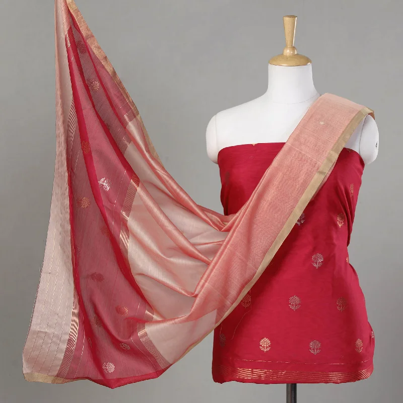Super Savings Red - 2pc Chanderi Silk Cotton Handloom Zari Buta Suit Material Set