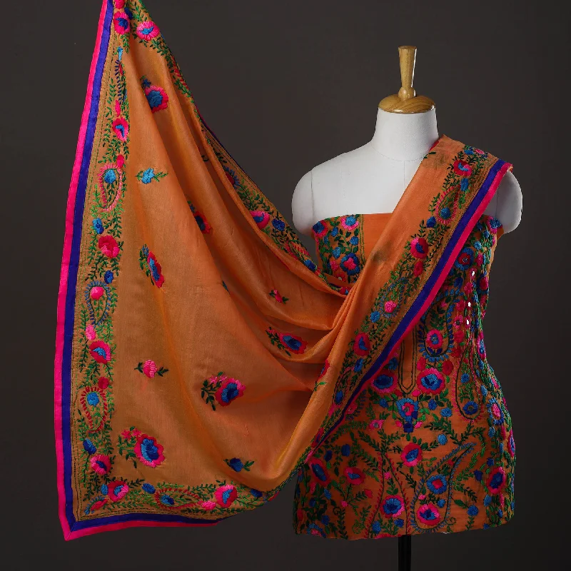 Extra Savings Orange - 3pc Hand Embroidery Chanderi Silk Phulkari Dress Material 45