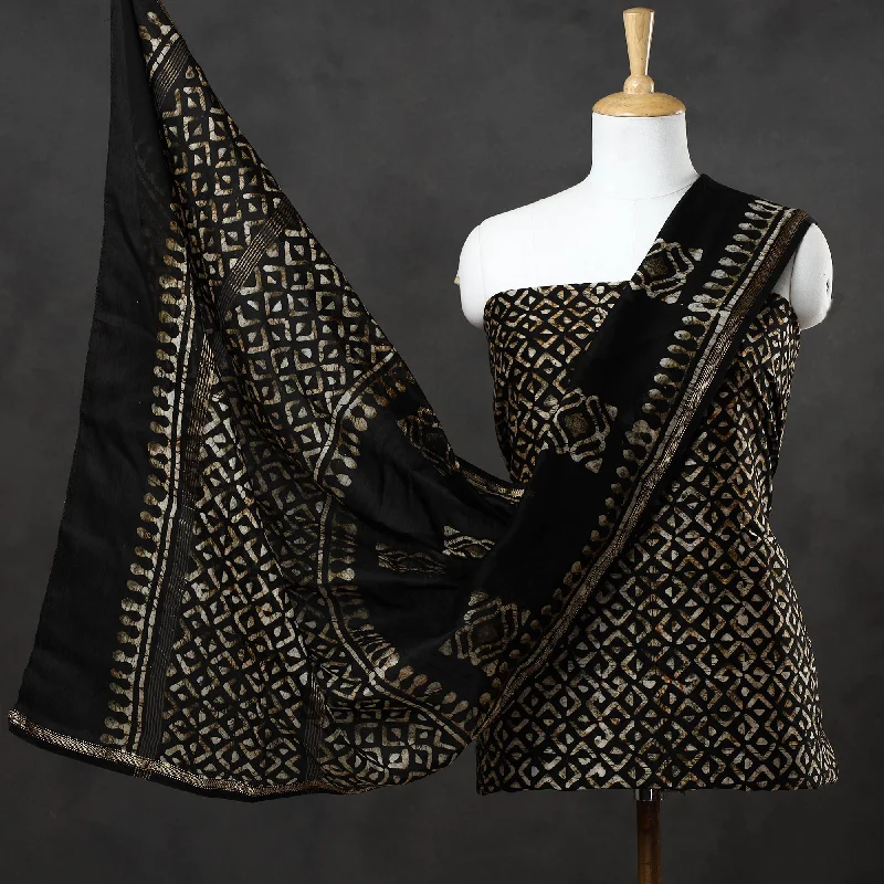 Price Meltdown Brown - 3pc Chanderi Silk Hand Batik Print Dress Material