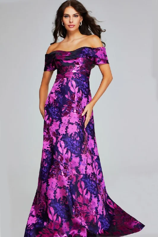 Special Price Jovani 42506 A Line Long Formal Floral Metallic Evening Dress