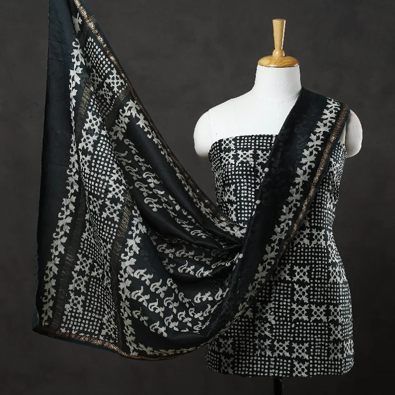 Lowest Price Black - 3pc Chanderi Silk Hand Batik Print Dress Material 37