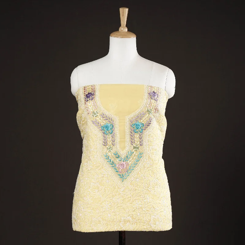 Final Clearance Yellow - Lucknow Chikankari with Parsi Style Embroidered Cotton Kurta Material - 2.7 Meter