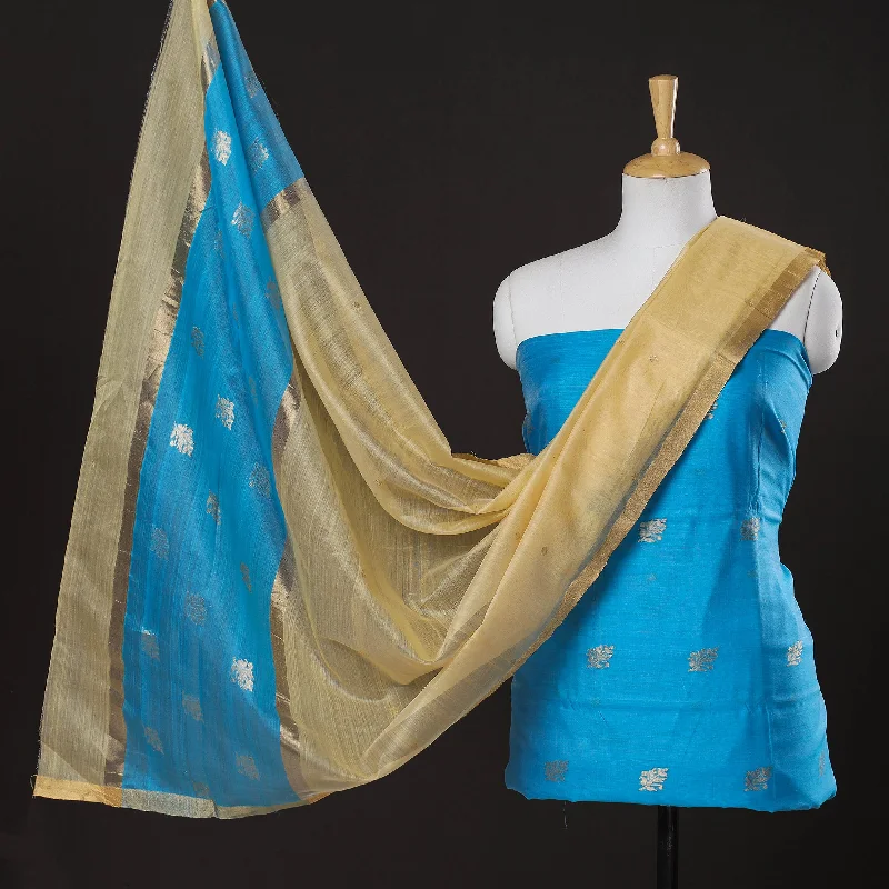 Today's Special Blue - 2pc Chanderi Silk Handloom Flower Zari Buta Suit Material Set