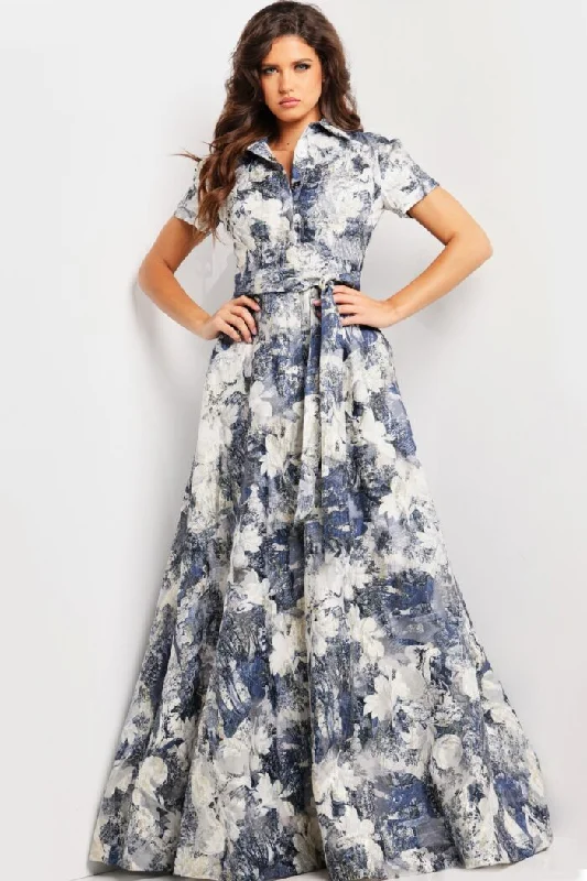 Final Markdown Jovani 25664 Long A Line Short Sleeve Print Pleated Formal Dress