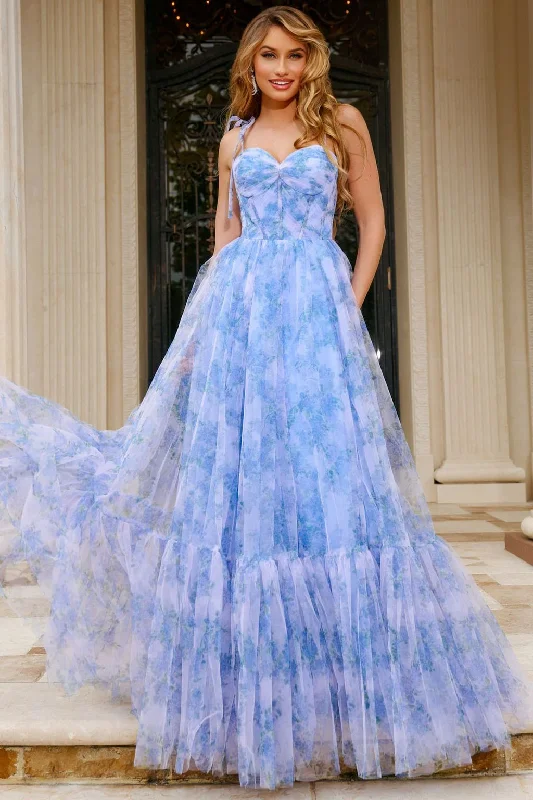 Savings Bonanza Jovani 40432 Floral Print A Line Long Formal Prom Dress
