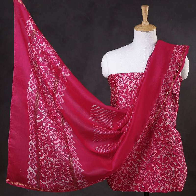 Super Deal Pink - 3pc Chanderi Silk Hand Batik Print Dress Material