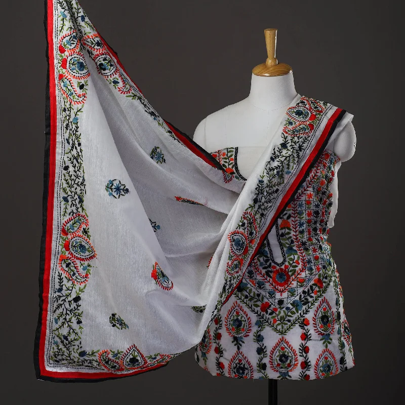 Final Markdown White - 3pc Hand Embroidery Chanderi Silk Phulkari Dress Material 67