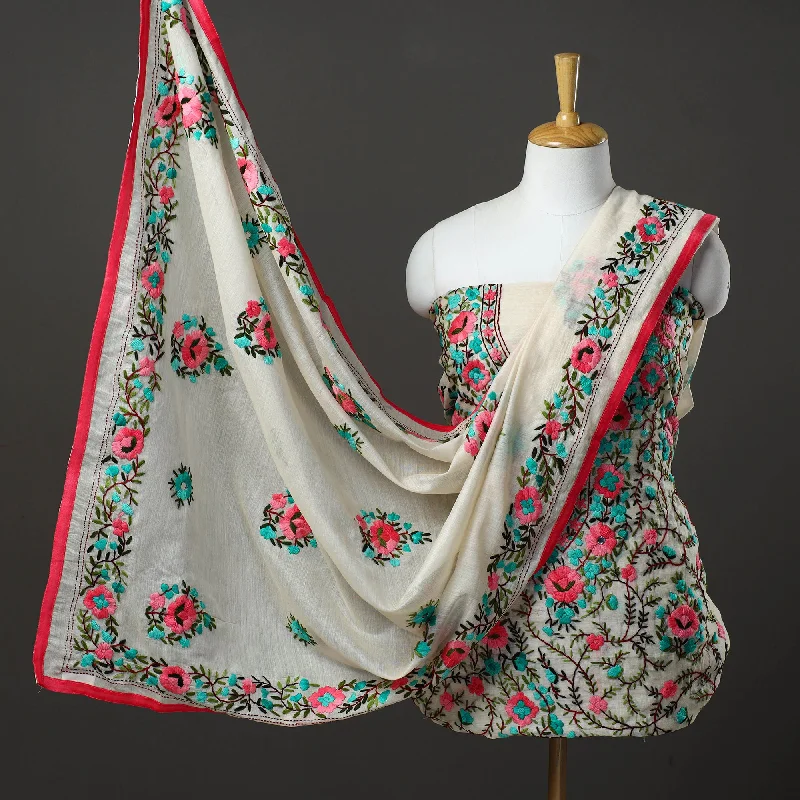 Instant Savings Green - 3pc Hand Embroidery Chanderi Silk Phulkari Dress Material 74