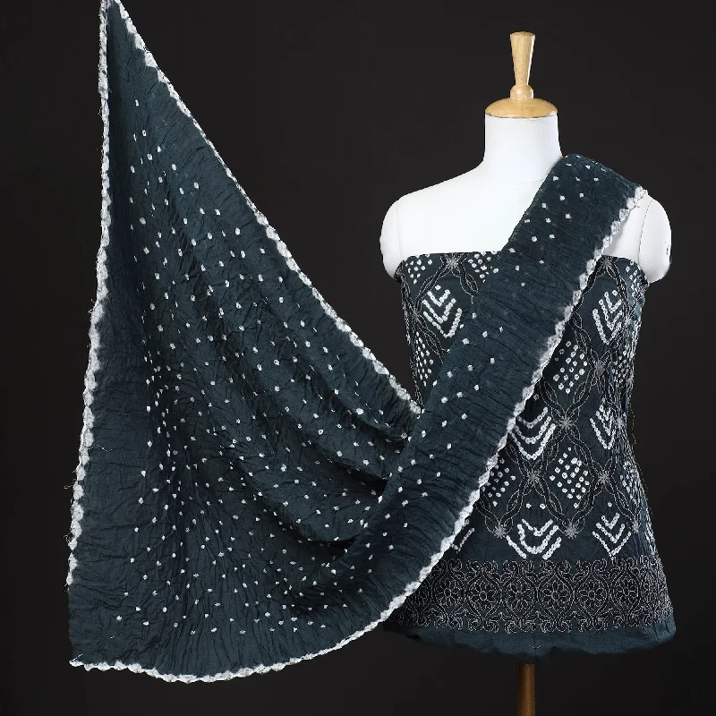Grand Opening Sale Black - 3pc Kutch Bandhani Tie-Dye Mirror Work Satin Cotton Suit Material Set Grand Opening Sale Black - 3pc Kutch Bandhani Tie-Dye Mirror Work Satin Cotton Suit Material Set