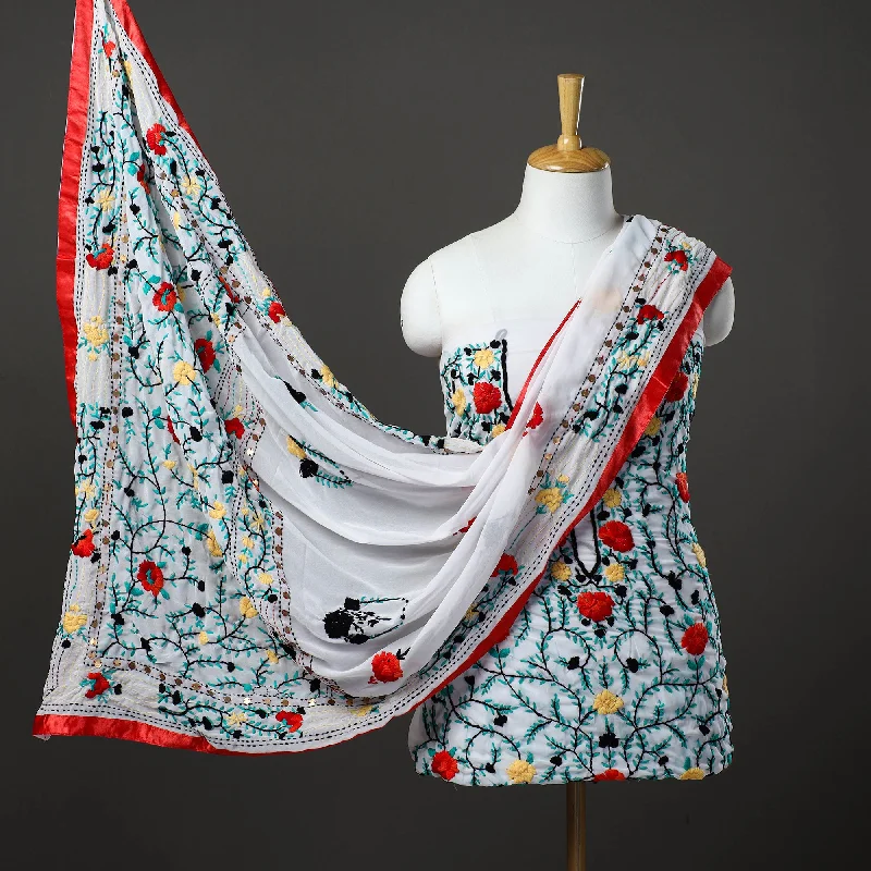Best Bargains White - 3pc Hand Embroidery Georgette Phulkari Dress Material 30