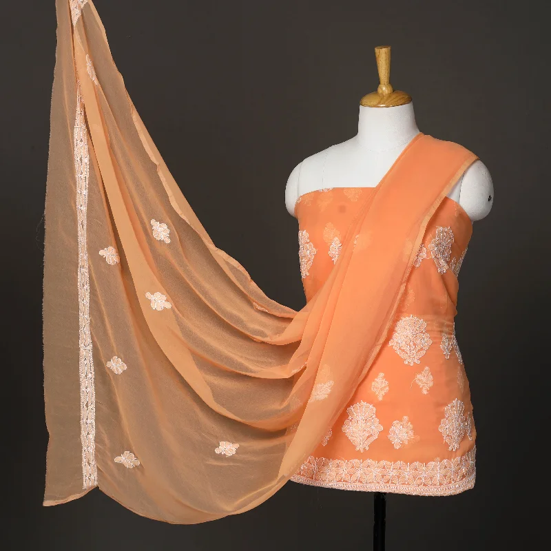 Clearance Event Orange - 3pc Embroidery Georgette Chikankari Dress Material 06