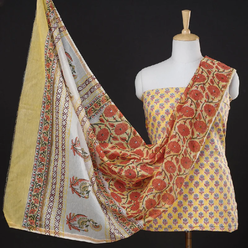Stock Up and Save Yellow - 3pc Sanganeri Block Printed Chanderi Silk Suit Material Set