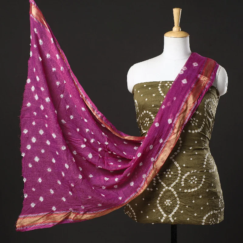 Crazy Deals Brown - 3pc Kutch Bandhani Tie-Dye Satin Cotton Suit Material Set