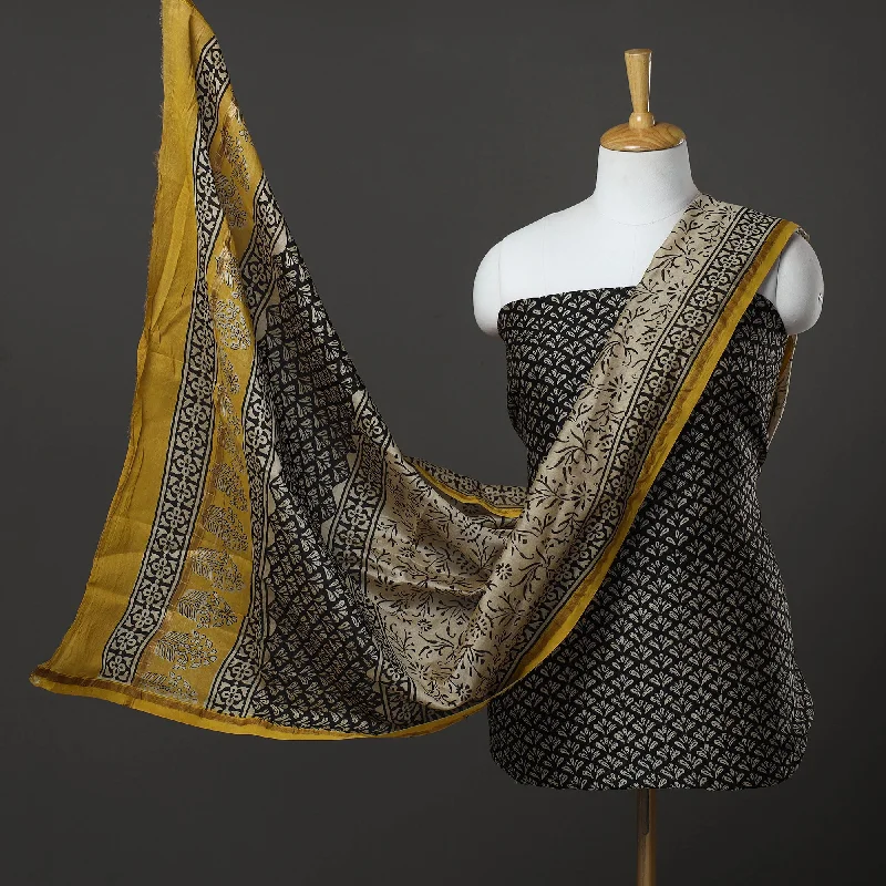 Final Clearance Black - 3pc Chanderi Silk Bagru Print Dress Material 01
