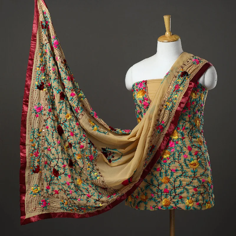 TIME-Limited Offer Brown - 3pc Hand Embroidery Georgette Phulkari Dress Material 40