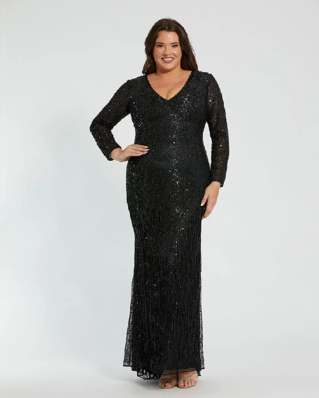 Don’t Miss Out Mac Duggal 5947 Long Sleeve Beaded Fringe Plus Size Formal Dress