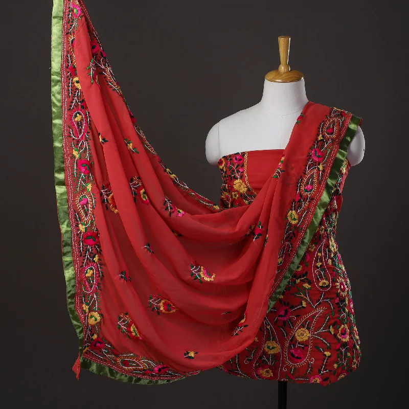 Markdown Madness Red - 3pc Hand Embroidery Georgette Phulkari Dress Material 32