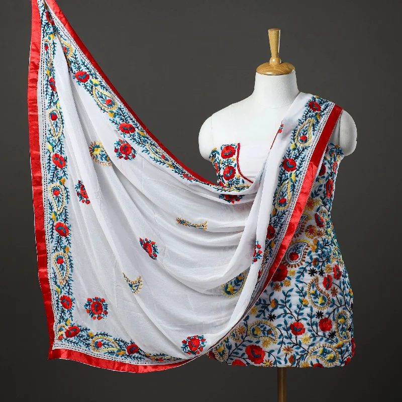 Exclusive Savings White - 3pc Hand Embroidery Georgette Phulkari Dress Material 50