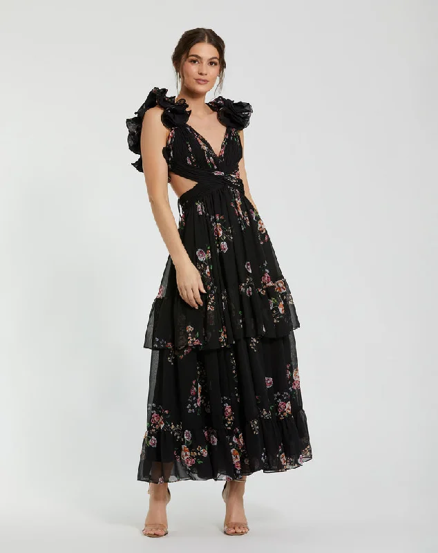 Bargain Bin Mac Duggal 56054 A Line Floral Print Long Formal Prom Dress