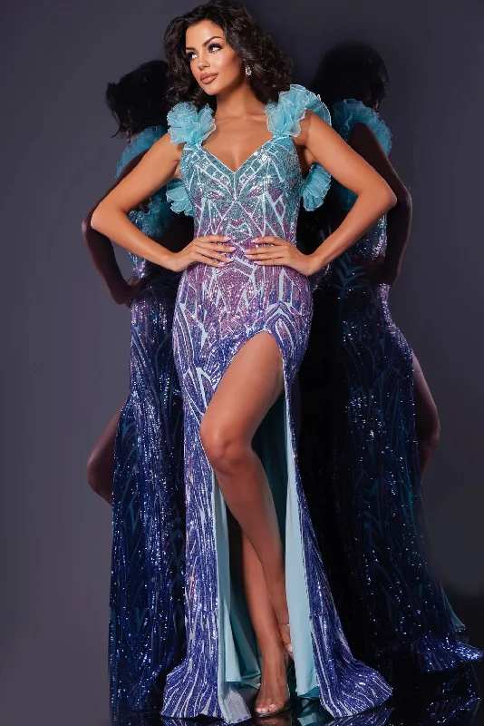Referral Discount Jovani  40761 Fitted Long Formal Geometric Ruffled Prom Dress