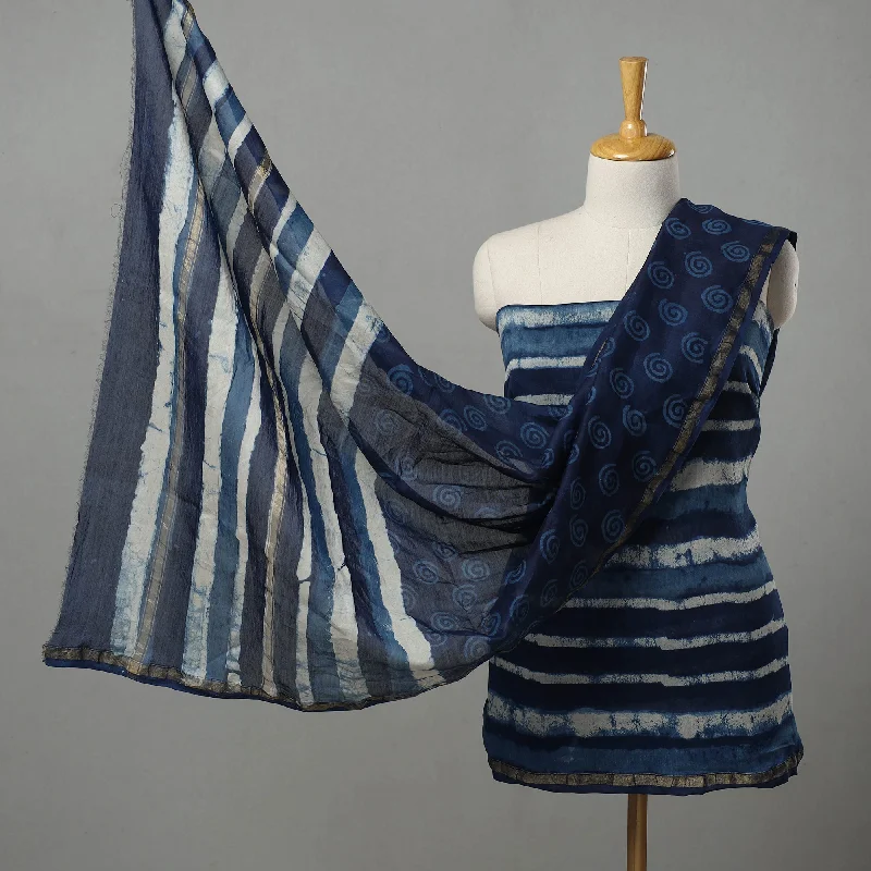 Epic Deals Blue - 3pc Chanderi Silk Indigo Bagru Print Dress Material 01