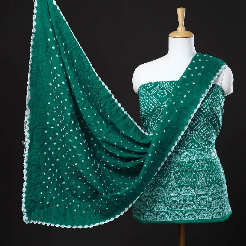 Discount Extravaganza Green - 3pc Kutch Bandhani Tie-Dye Satin Cotton Suit Material Set