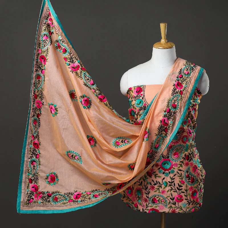 Flash Deals Peach - 3pc Hand Embroidery Chanderi Silk Phulkari Dress Material 96