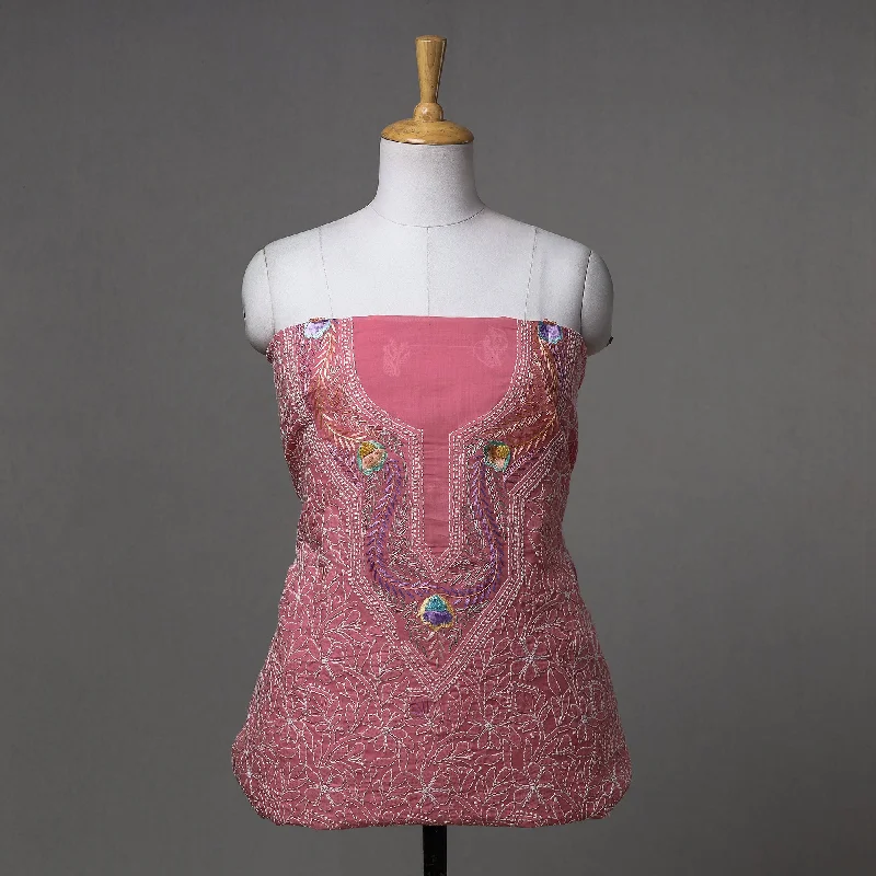 Mega Sale Pink - Lucknow Chikankari with Parsi Style Embroidered Cotton Kurta Material - 2.9 Meter