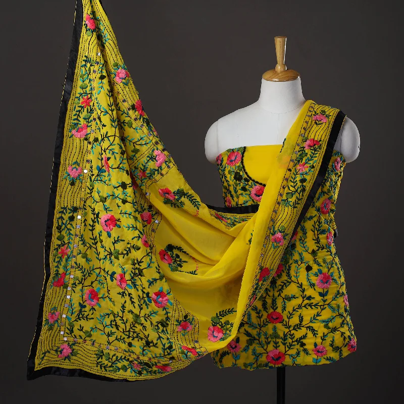 Price Reduction Yellow - 3pc Hand Embroidery Georgette Phulkari Dress Material 21