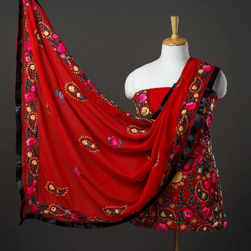 Bargain Bin Red - 3pc Hand Embroidery Georgette Phulkari Dress Material 63