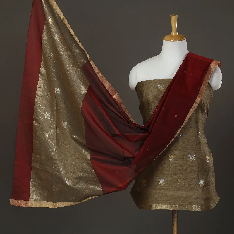 Deep Discounts Brown - 2pc Zari Buti Handloom Chanderi Silk Dress Material 17